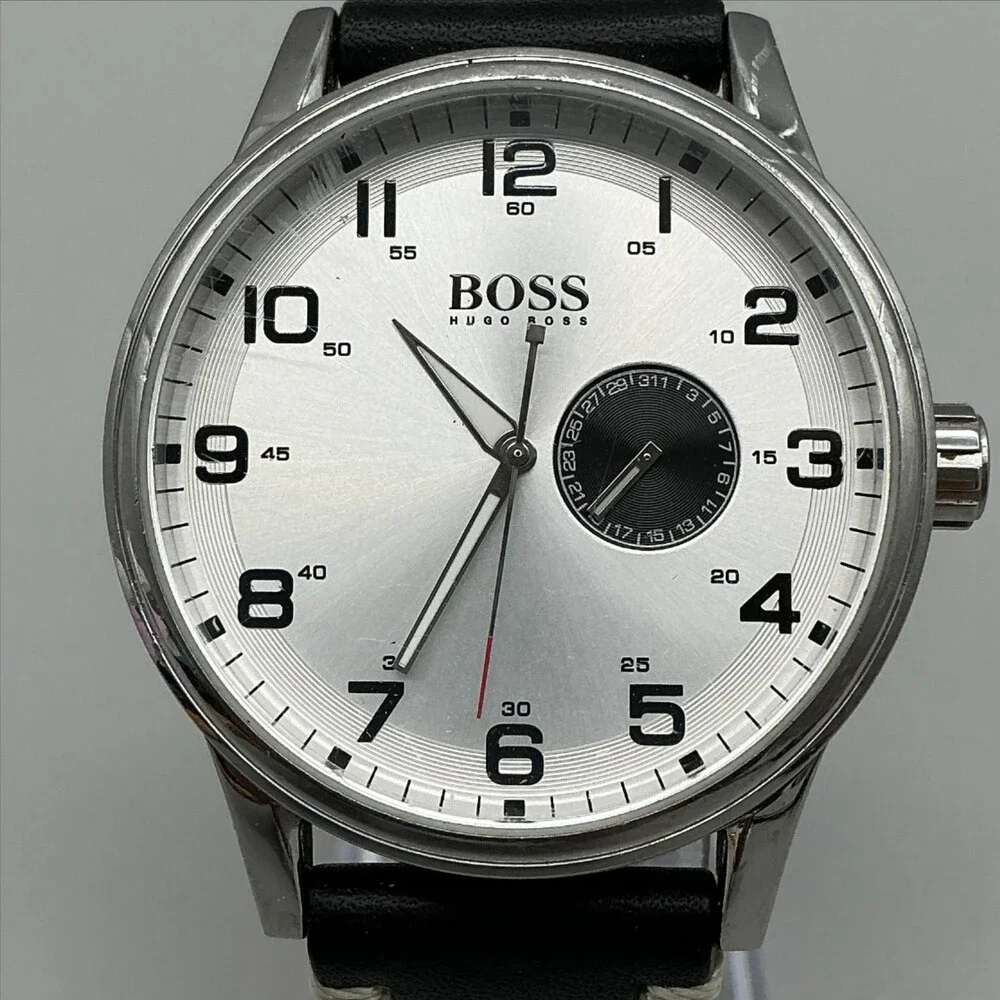 Hugo Boss Men Watch 44mm Silver Tone Black Leather Date HB.88.1.14.2430 New Batt